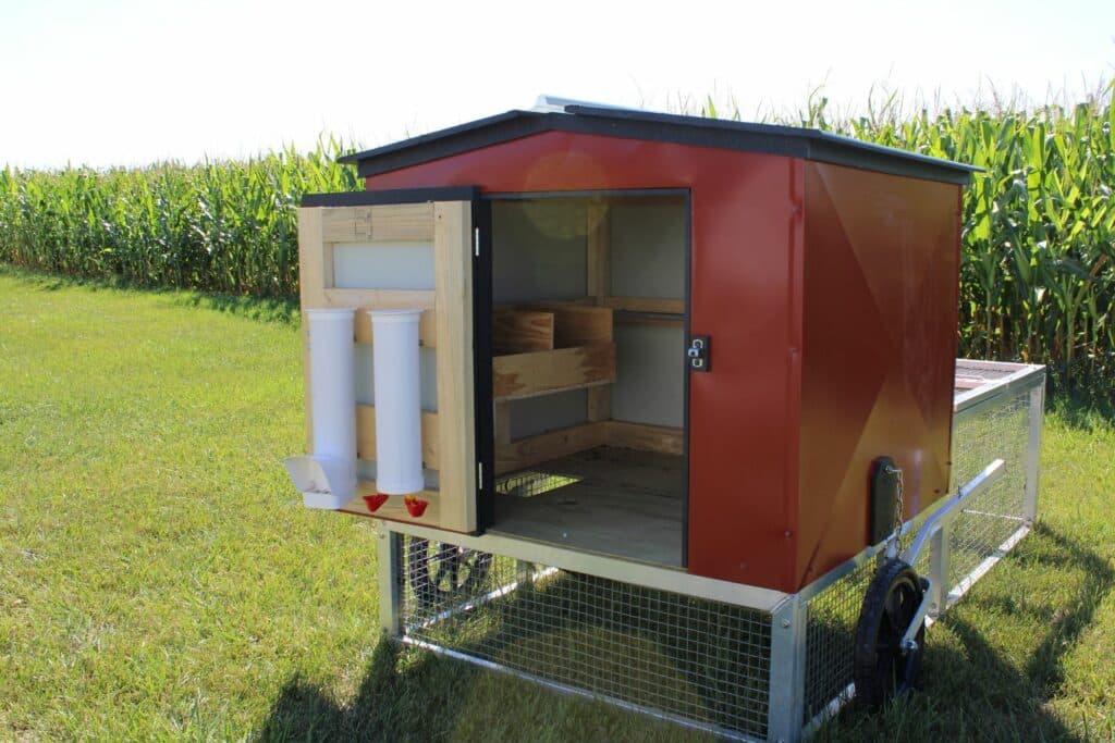 red chicken coop interior