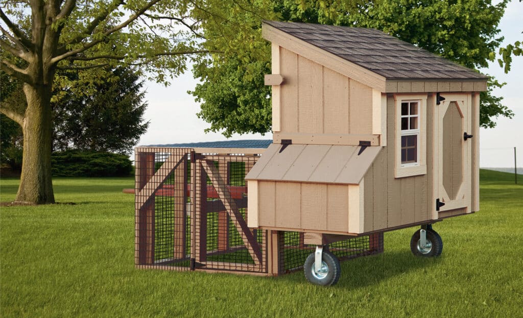 tan tractor coop with beige trim